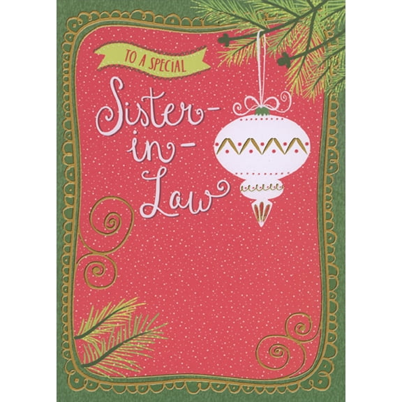 Designer Greetings Single White Finial Ornament Hanging from Pine Branch on Red and White Polka Dot Christmas Card for Sister-in-Law