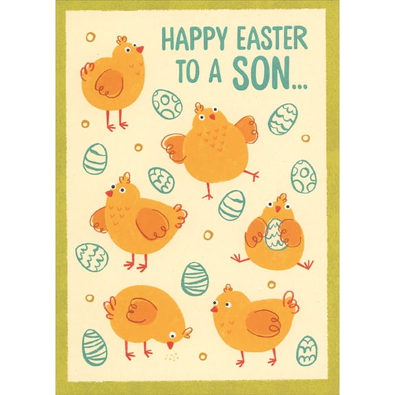 Designer Greetings Six Chickens and Ten Thin Lined Blue Eggs Humorous / Funny Easter Card for Son