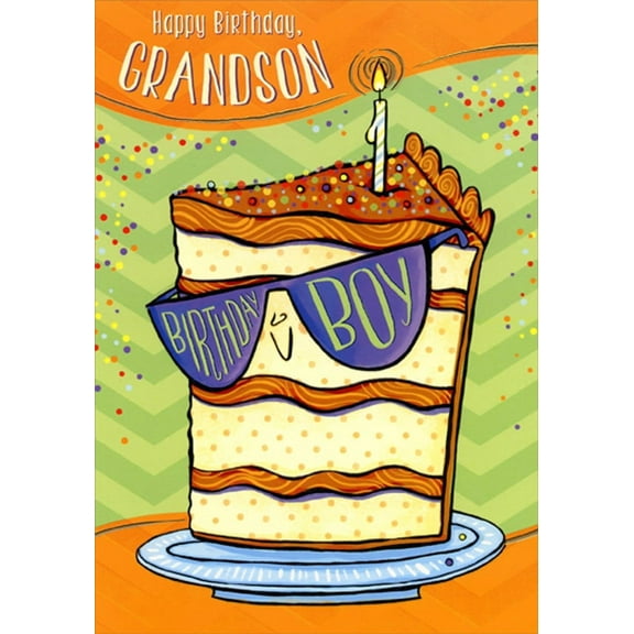 Designer Greetings Slice of Cake with Purple Sunglasses Juvenile Birthday Card for Grandson