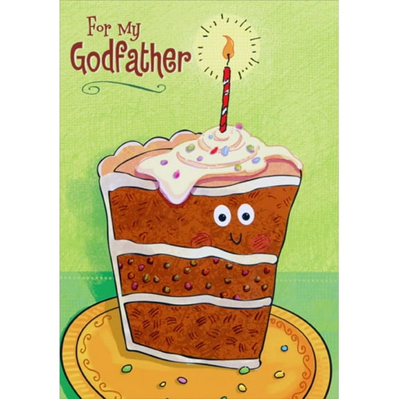 Designer Greetings Slice of Cake with Smiley Face and Red Candle Juvenile Birthday Card for Godfather