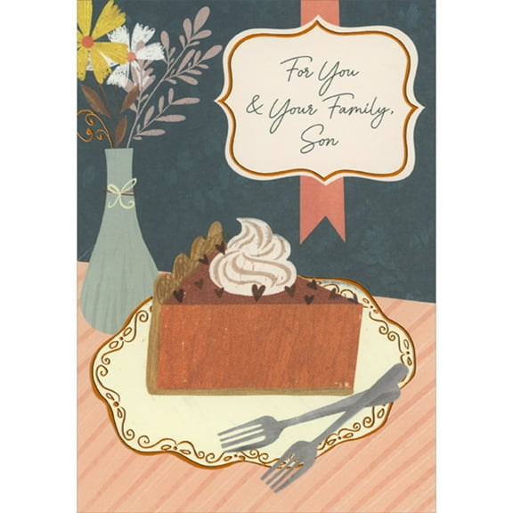 Designer Greetings Slice of Pie with Whipped Cream, Tiny Hearts and Two Forks Thanksgiving Card for Son and Family