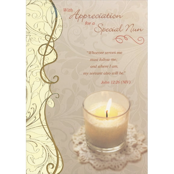 Designer Greetings Small Candle on Doily Clergy Appreciation Day Card for Nun