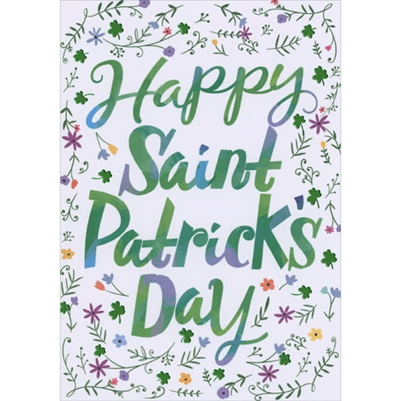 Designer Greetings Small Flowers, Green Vines and Green Foil Shamrocks Border on White Background St. Patrick's Day Card