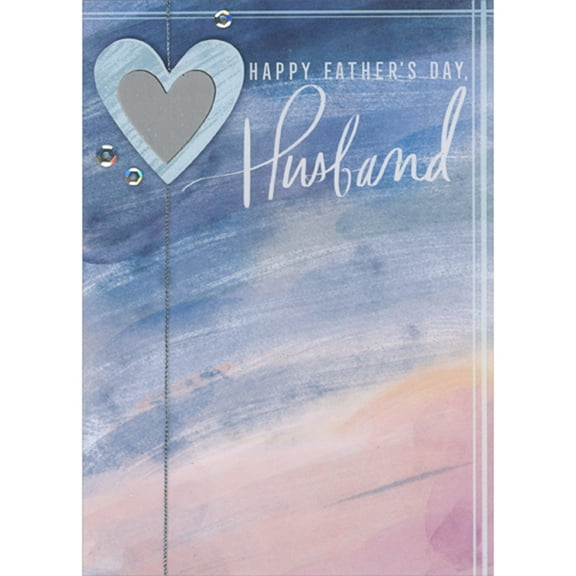 Designer Greetings Small Foil Heart Inside Die Cut 3D Blue Heart, Silver String, Pink and Blue Watercolor Bkgd Hand Decorated Father's Day Card for Husband