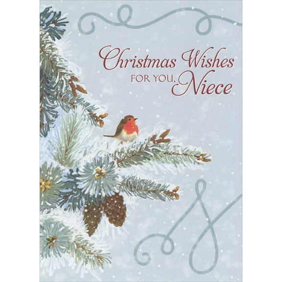 Designer Greetings Small Red Breasted Bird Perched on Snow Covered Pine Branch on Light Blue Religious Christmas Card for Niece
