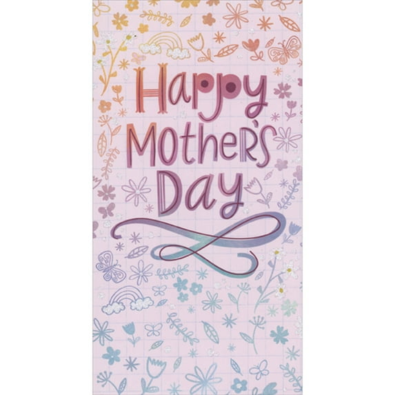 Designer Greetings Small Repeated Flower, Rainbow and Butterfly Images on Pink with Light Blue Grid Mother's Day Card