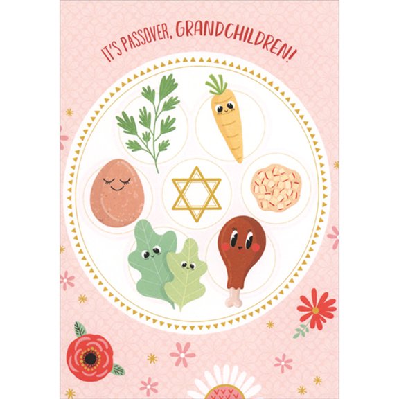 Designer Greetings Smiley Faced Food on Seder Plate: Light Pink Floral Tablecloth Juvenile Passover Card for Young Grandchildren