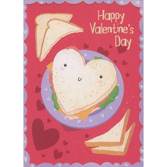 Designer Greetings Smiley Faced Heart Sandwich, Purple Plate and Hearts on Red with Purple Border Juvenile Valentine's Day Card with Sticker Sheet for Kids