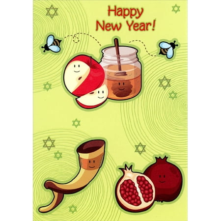Designer Greetings Smiling Apple, Honey Jar, Shofar and Pomegranate Juvenile Rosh Hashanah / Jewish New Year Card for Young Child