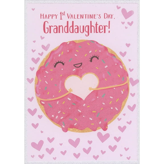 Designer Greetings Smiling Donut with Pink Frosting and Heart Shaped Hole 1st / First Valentine's Day Card for Granddaughter