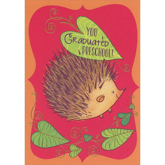 Designer Greetings Smiling Porcupine on Red and Orange Preschool Graduation Congratulations Card
