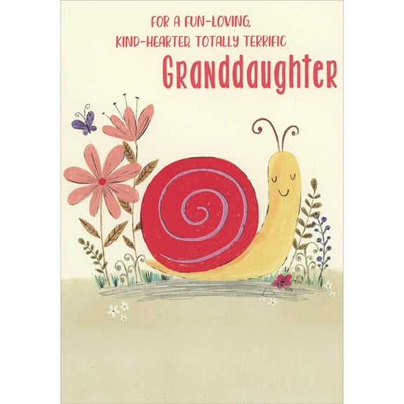 Designer Greetings Smiling Yellow Snail with Red Shell, Small Purple Butterfly and Pink Flowers Juvenile Valentine's Day Card for Granddaughter