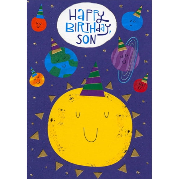 Designer Greetings Smiling Yellow Sun with Party Hat and Planets Juvenile Birthday Card for Son with Sticker Sheet