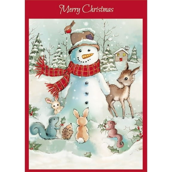 Designer Greetings Snowman Surrounded by Cute Woodland Animals Box of 15 Christmas Cards