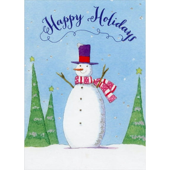 Designer Greetings Snowman and Three Green Trees Box of 18 Christmas Cards