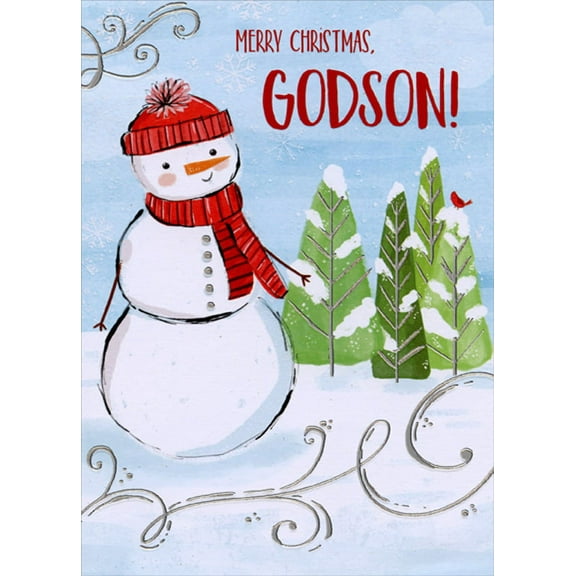 Designer Greetings Snowman with Red Hat, Scarf and Silver Foil Buttons Juvenile Christmas Card for Young Godchild