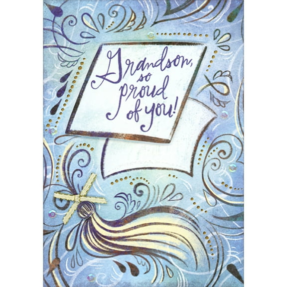 Designer Greetings So Proud of You 3D Banner, Gold Ribbon and Sequins on Blue Hand Decorated Graduation Congratulations Card for Grandson