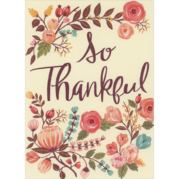 Designer Greetings So Thankful: Foil Accented Flowers and Vines on Yellow Thanksgiving Card