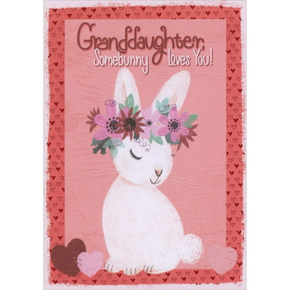 Designer Greetings Somebunny Loves You: White Bunny with Pink and Brown Floral Crown Juvenile Valentine's Day Card for Granddaughter