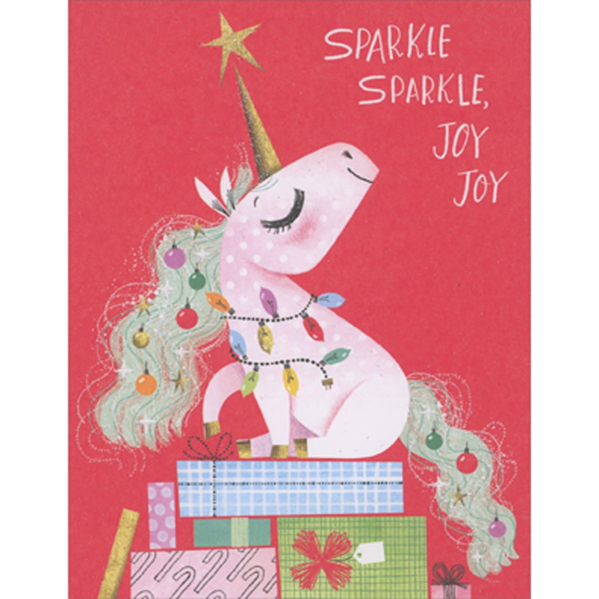 Designer Greetings Sparkle, Sparkle, Joy, Joy Unicorn Wrapped in Ornaments and Lights Christmas Card