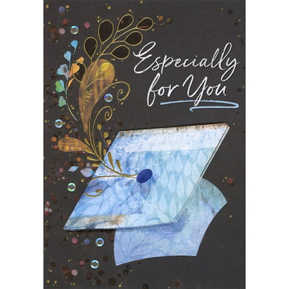 Designer Greetings Sparkling 3D Blue Cap with Gold Foil Stem and Leaves Tassel and Sequins on Brown Hand Decorated Graduation Congratulations Card