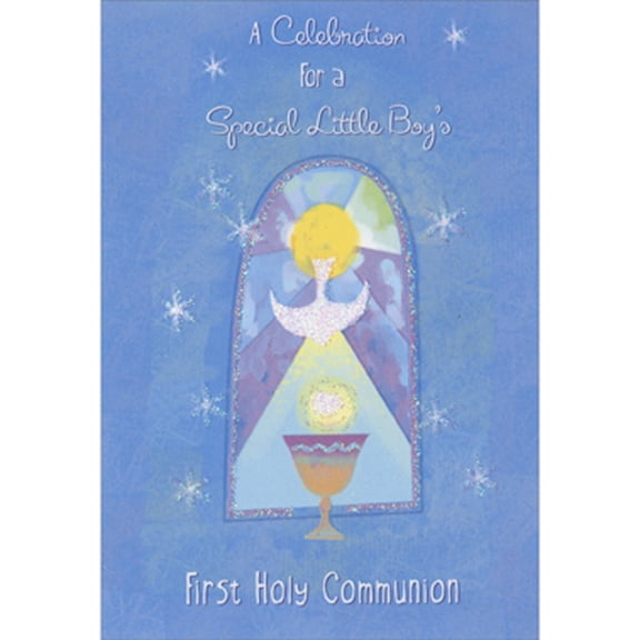 Designer Greetings Sparkling Dove and Host Over Chalice on Blue Background Package of 8 First Communion Party Note Card Invitations for Boy