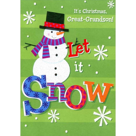 Designer Greetings Sparkling Glitter Snowman with Purple and Blue Scarf : Let it Snow Juvenile Great-Grandson Christmas Card for Young Boy