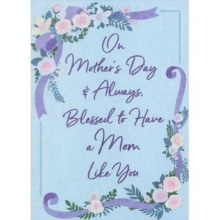 Designer Greetings Sparkling Pink Flowers and Purple Ribbons Border Religious Mother's Day Card for Mom