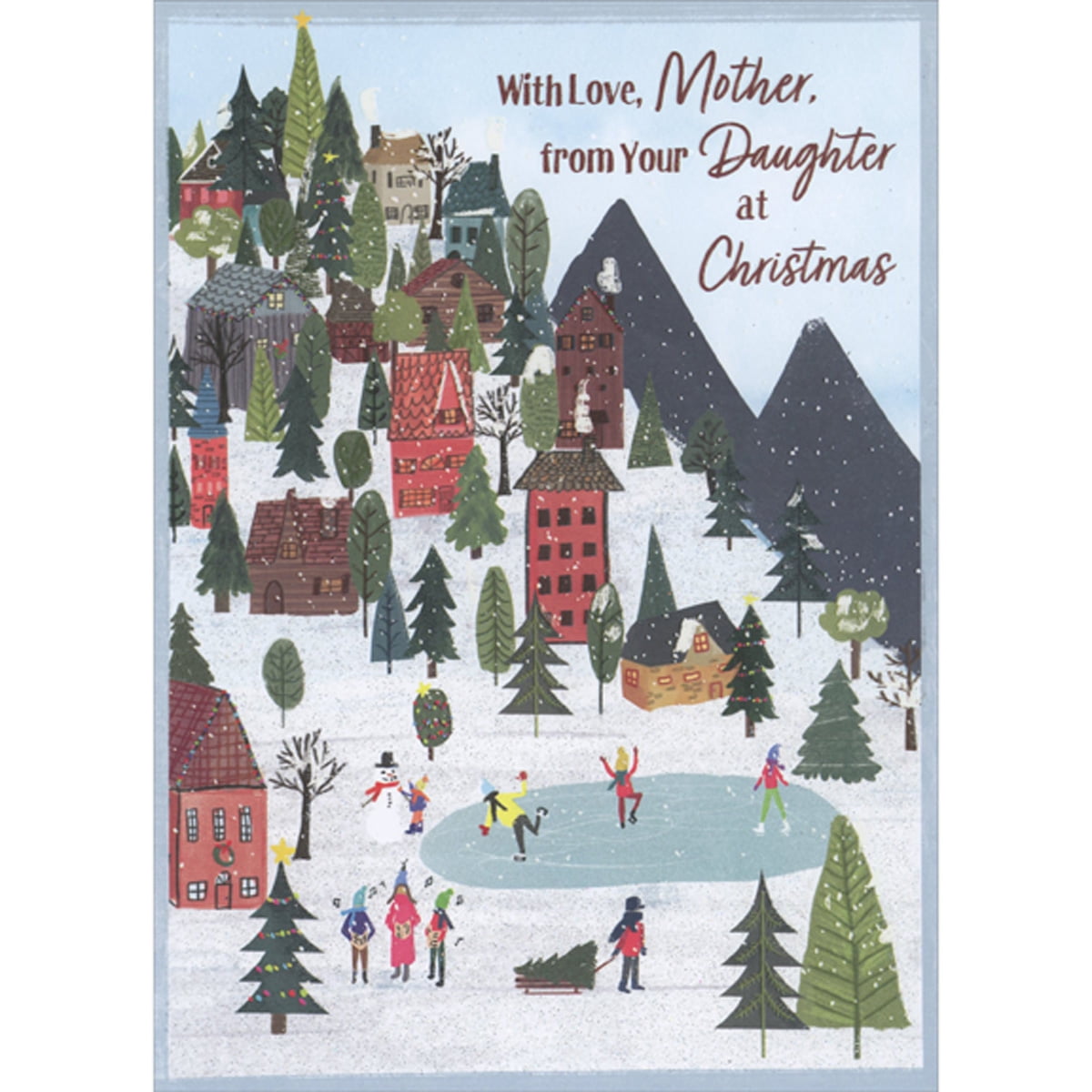 Designer Greetings Sparkling Snow Covered Hillside Town, Mountains and Ice  Skating Pond Christmas Card for Mother from Daughter - Walmart.com, image size:1200x1200
