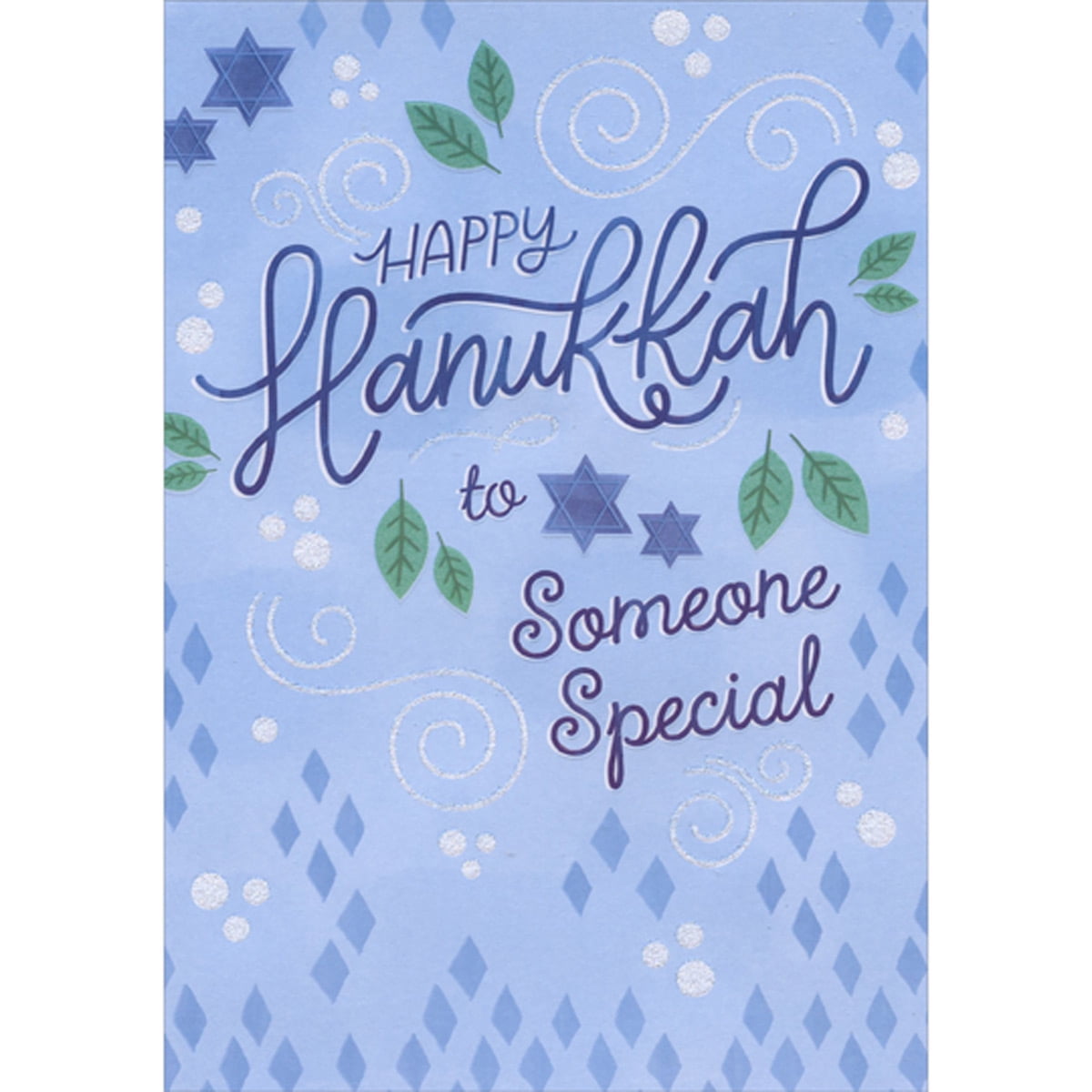Designer Greetings Sparkling Swirls, Green Leaves, Blue Stars and Diamonds on Blue Hanukkah Card for Someone Special