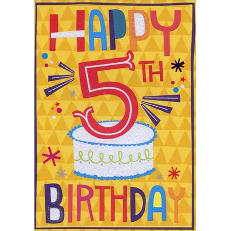 Designer Greetings Sparkling White Cake on Yellow Background Age 5 / 5th Birthday Card with Stickers