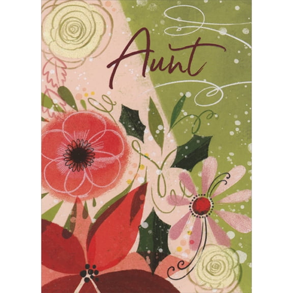 Designer Greetings Sparkling Yellow, Red and Pink Flowers Over Diagonally Split Pink and Green Christmas Card for Aunt
