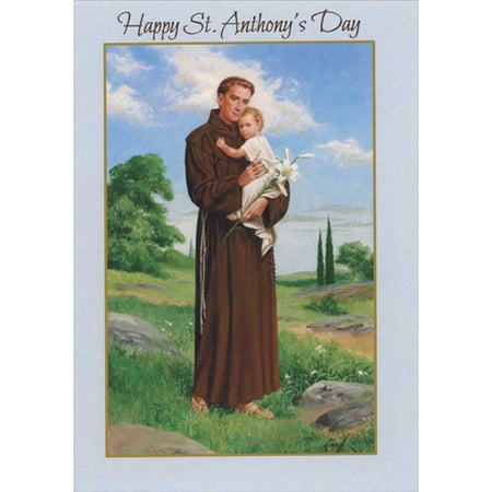 Designer Greetings St. Anthony Hugging Child and Holding Lilies Religious St. Anthony's Day Card