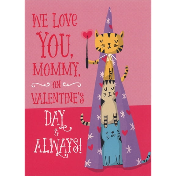 Designer Greetings Stack of 3 Colorful Cats Wearing Purple Magician Cape Juvenile Valentine's Day Card for Mommy from Kids