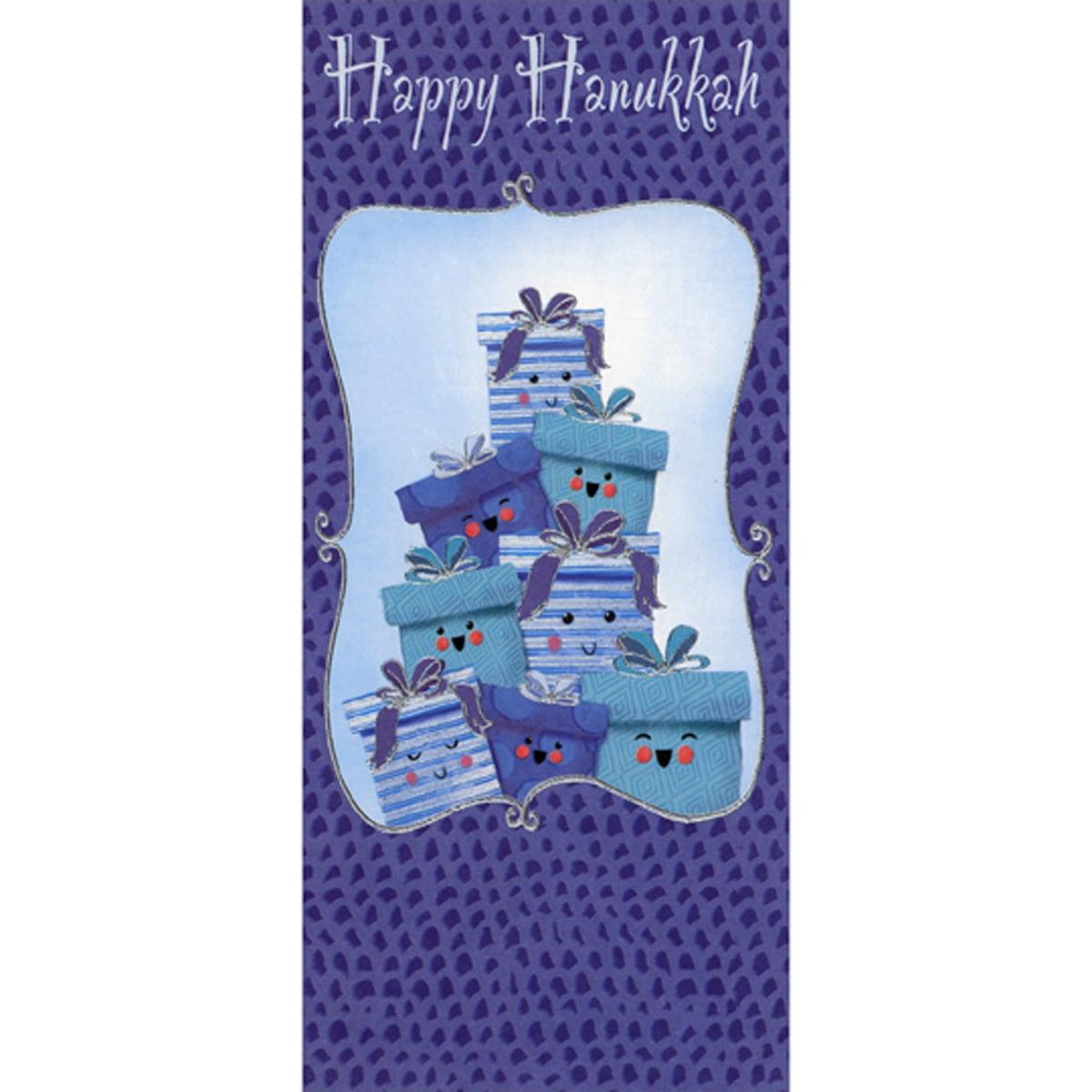 Designer Greetings Stack of Cute Smiley Faced Blue Presents with Silver Foil Accents Hanukkah Money and Gift Card Holder Card for Kids