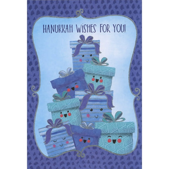 Designer Greetings Stack of Cute Smiling Blue Gifts with Bows and Silver Foil Accents Package of 8 Juvenile Hanukkah Cards