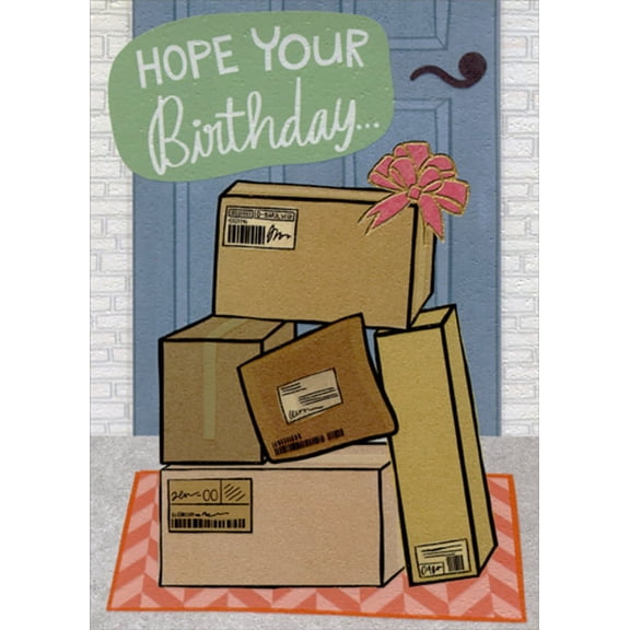 Designer Greetings Stack of Packages in Front of Blue Door Funny / Humorous Birthday Card