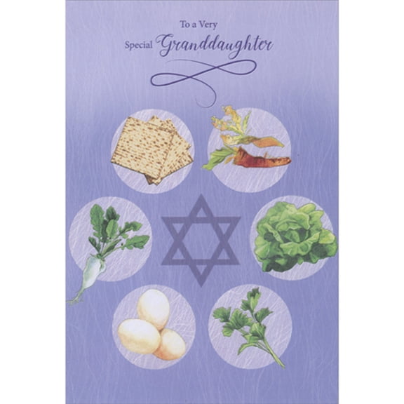 Designer Greetings Star Surrounded by Traditional Seder Foods in Circles Passover Card for Granddaughter