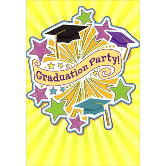 Designer Greetings Stars and Caps with Orange Burst on Yellow Starburst Background Package of 8 Graduation Party Invitations