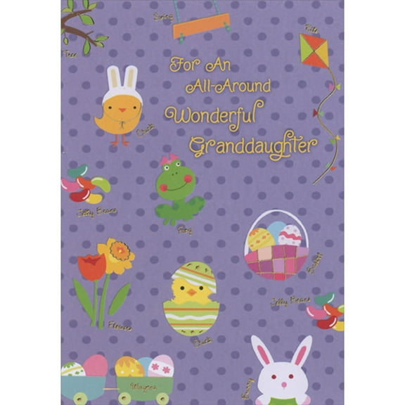 Designer Greetings Swing, Kite, Chick, Frog, Jelly Beans, Eggs and Bunny on Purple Polka Dots Juvenile Easter Card for Young Granddaughter