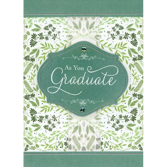 Designer Greetings Swirling Green Vines, 3D Tip On Banner, White Ribbon and Sequins Hand Decorated Graduation Congratulations Card