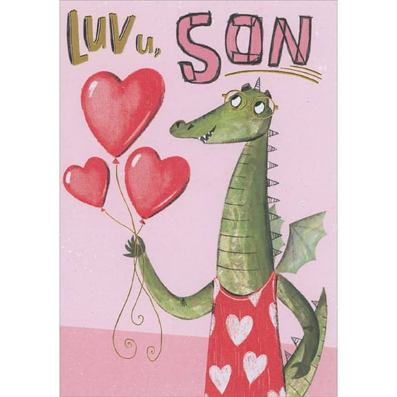 Designer Greetings Tall Green Dragon with Gold Framed Glasses Holding 3 Red Heart Balloons Juvenile Valentine's Day Card for Pre-Teen Son