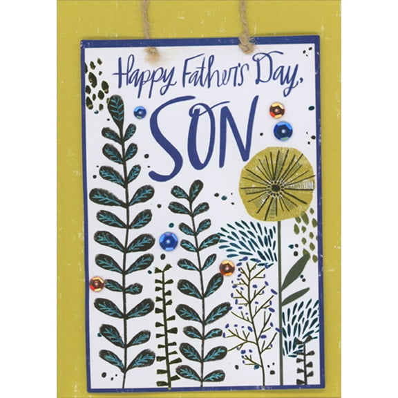 Designer Greetings Tall Stems with Blue and Gold Foil on Rectangular 3D Banner, Brown String and Sequins Hand Decorated Father's Day Card for Son