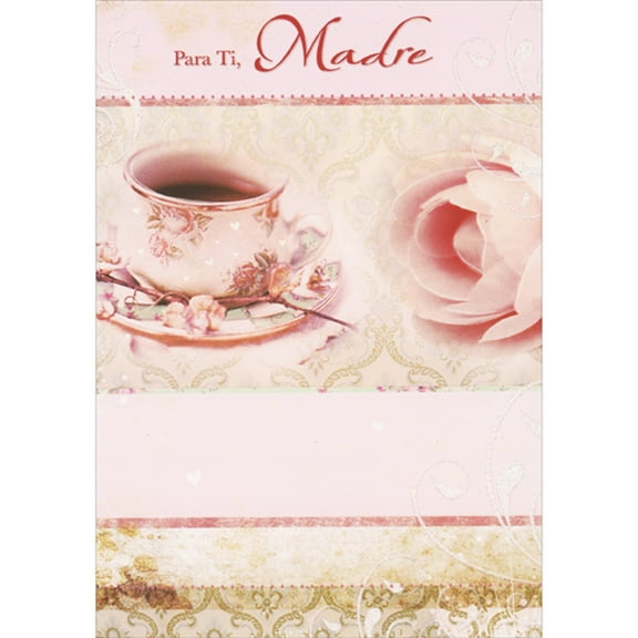 Designer Greetings Tea Cup and Pink Rose on Pink and Beige Background Spanish Language Mother's Day Card for Mother