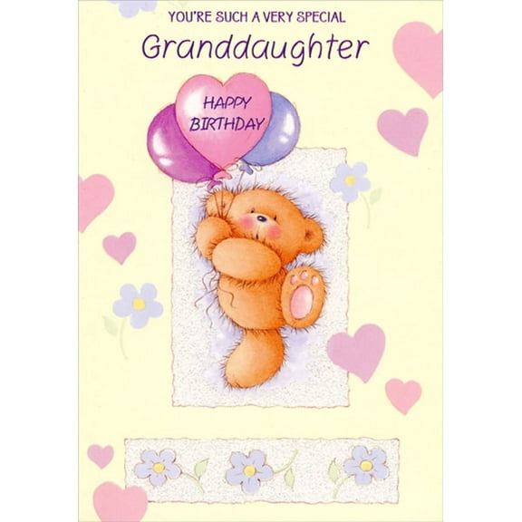 Designer Greetings Teddy Bear Holding Three Balloons Juvenile Birthday Card for Granddaughter