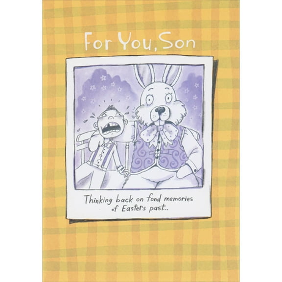 Designer Greetings Thinking Back on Fond Memories: Crying Boy with Easter Bunny Funny / Humorous Easter Card for Son