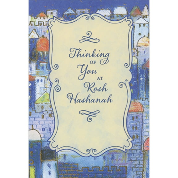Designer Greetings Thinking of You: Yellow Scroll Over Gold Accented City Package of 8 Rosh Hashanah Cards