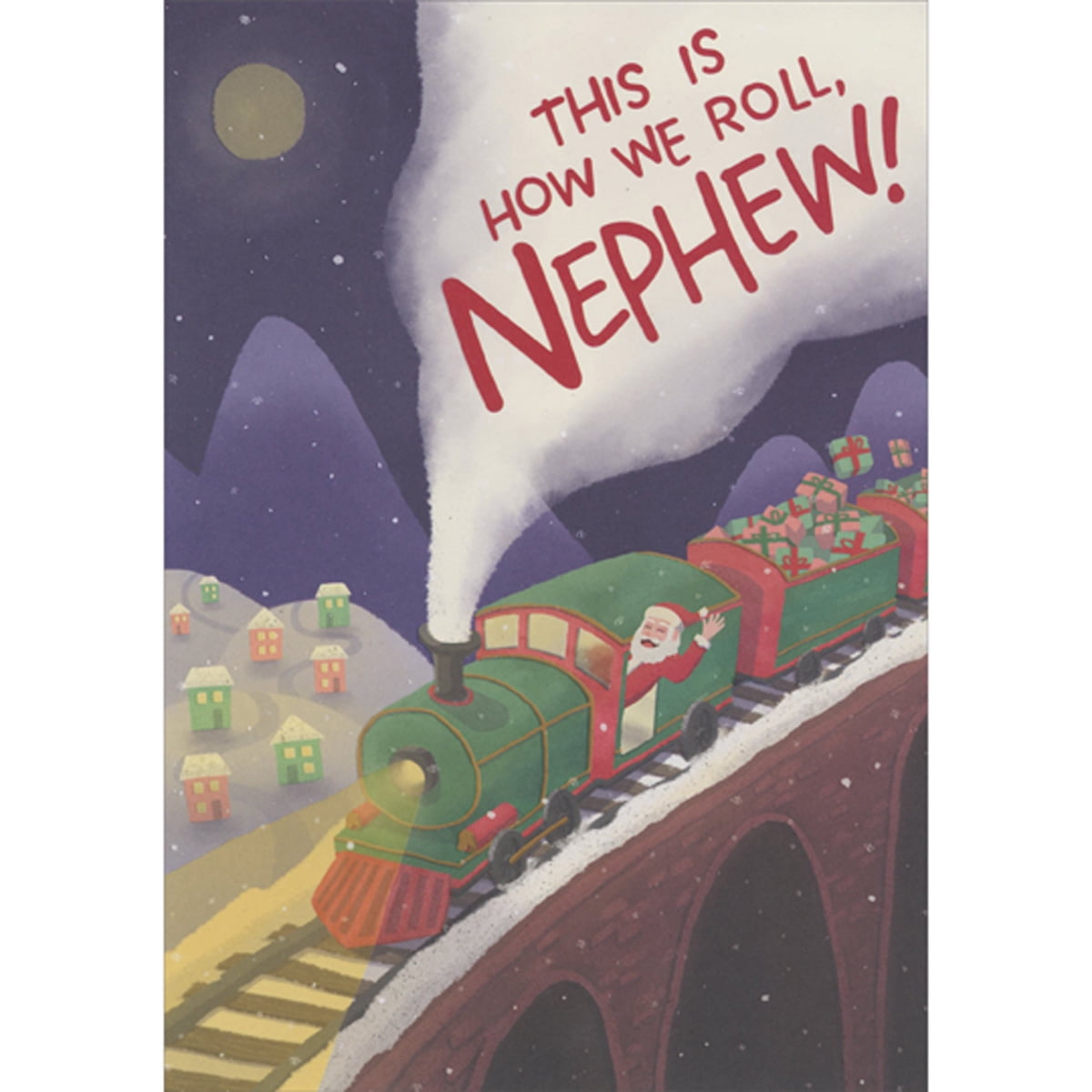 Designer Greetings This is How We Roll: Santa in Train on Bridge Above Town Christmas Card for Teenage / Teen Nephew