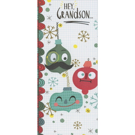 Designer Greetings Three Silly Faced Ornaments with Mustache, Monacle and Crossed Eyes Money Holder / Gift Card Holder Christmas Card for Grandson