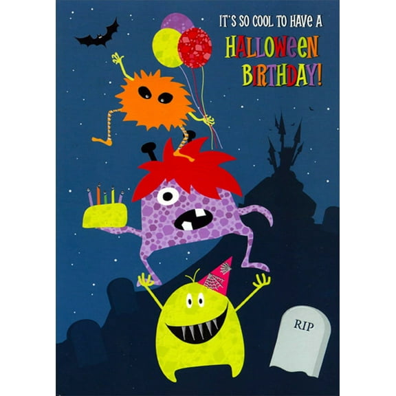 Designer Greetings Three Silly Monsters with Balloons and Cake Juvenile Halloween Birthday Card for Kids : Kid : Children